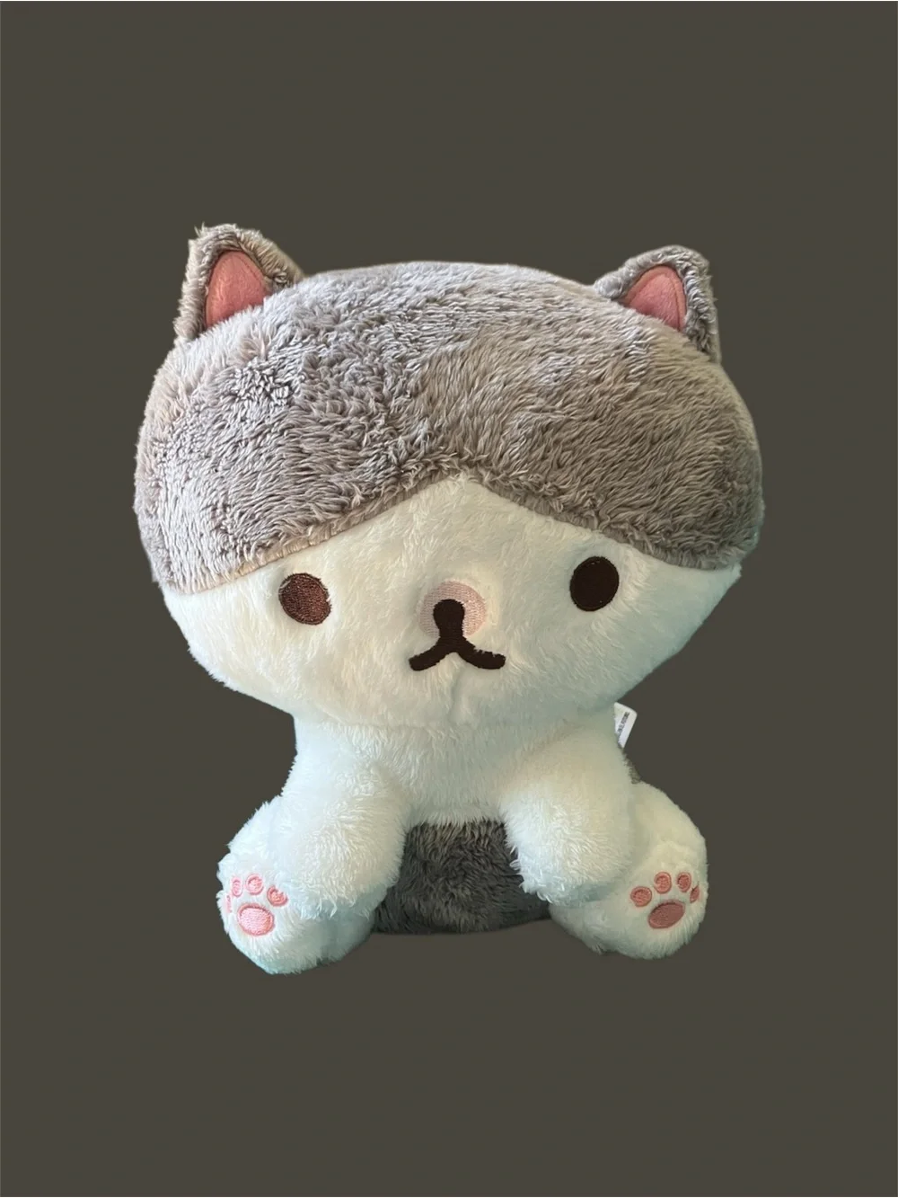 Plush Grey and White Cat Toy with Pink Paw Details - Soft Plush Kitty